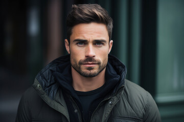 Fototapeta premium Portrait of attractive guy standing outdoors feeling confident