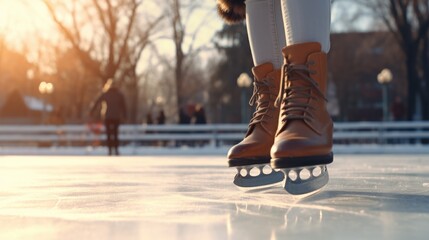 A person wearing brown boots and white tights gracefully skating on an ice rink. Perfect for winter sports or recreational activities