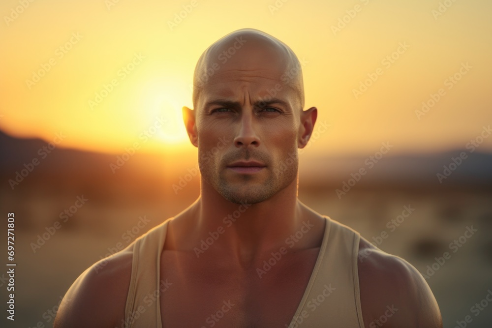 Poster a picture of a man with a bald head and no shirt. suitable for various uses