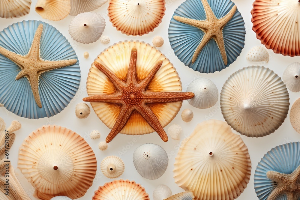 Poster a collection of starfish and shells arranged on a white surface. perfect for beach-themed designs or