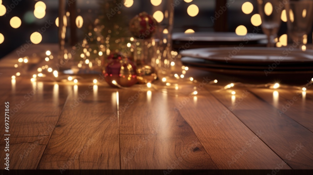 Aufkleber a wooden table with neatly arranged plates and glasses. perfect for showcasing meals or setting up a