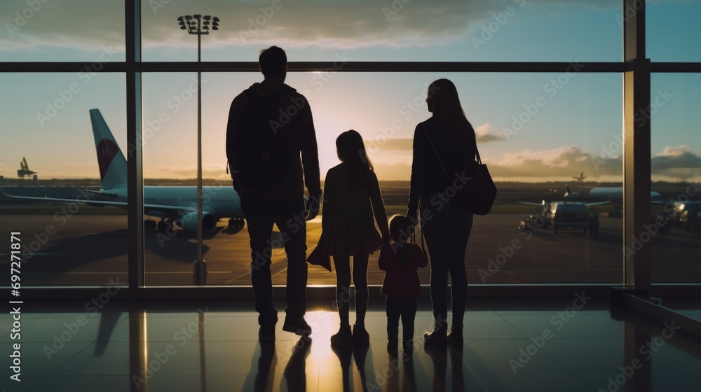 Poster a family standing together in front of a window at an airport. suitable for travel and family-relate