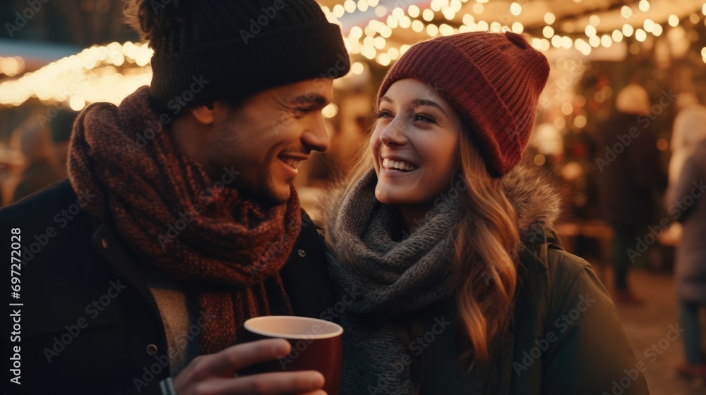 Poster A man and a woman standing next to each other. Suitable for various uses