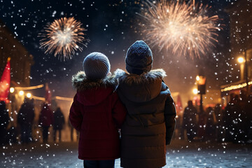 Naklejka premium Generative AI happy children visiting winterland fair Christmas atmosphere