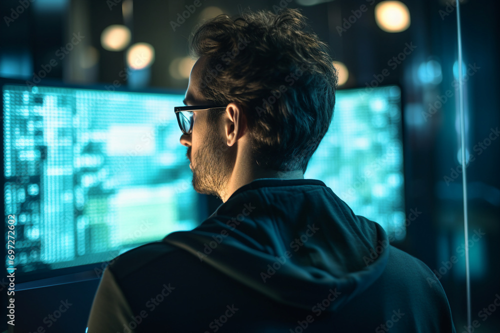 Poster generative ai picture of successful data center it specialist working for cyber data security compan