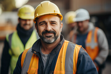 Portrait of a professional factory worker wearing hard hat and work clothes made with generative ai