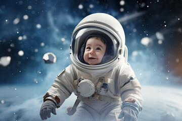 Fototapeta na wymiar portrait of a cute baby cosmonaut or astronaut in open space blurred background