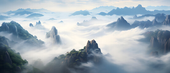 A landscape with towering peaks above clouds, sunlit rugged textures, green cliffs, and birds,...
