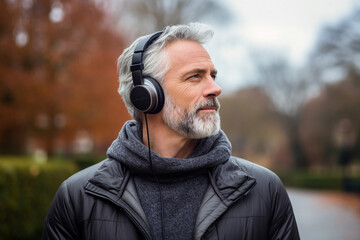 Happy handsome man in headphones walking in the park and listening to music generative ai