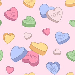 Heart shaped pills seamless pattern, love vitamins background. Medicine with love, miss you, hug me text on it. Cute valentine illustration.