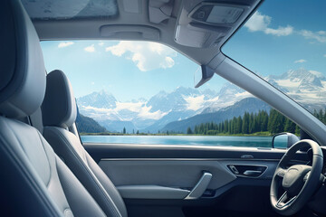 view from a car window, lake and snow mountains landscape