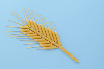 raw pasta laid out in the form of a spike of wheat on a blue background