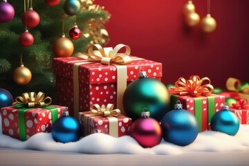 Obraz na płótnie Canvas Christmas giftboxs and balls, new year background, horizontal composition