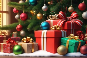 Fototapeta na wymiar Christmas giftboxs and balls, new year background, horizontal composition