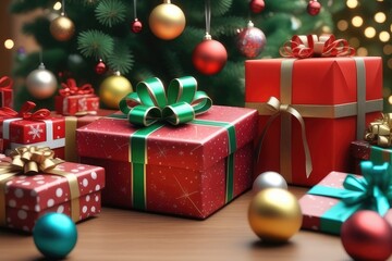 Fototapeta na wymiar Christmas giftboxs and balls, new year background, horizontal composition