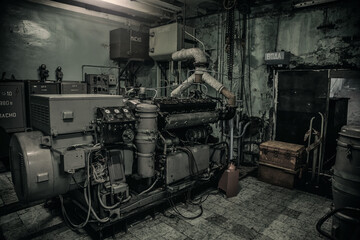 Old diesel generator in an abandoned building. Big mechanism. Room with green walls.