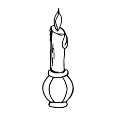 Burning candle in beautiful candlestick. Hand-drawn black and white doodle illustration. Attribute of Christmas, Easter. Fire, warmth and comfort in house. Simple design element.