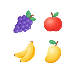 Fruits Set Vector Illustration. Grapes, Apple, Banana and Mango. Realistic 3d Icons