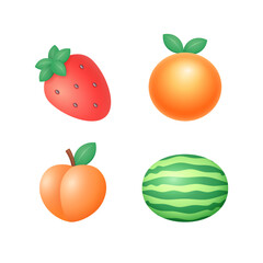 Fruits Set Vector Illustration. Strawberry, Orange, Peach and Watermelon. Realistic 3d Icons.
