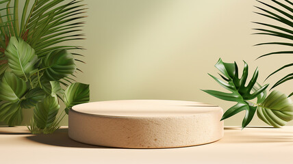 3d rendered abstract empty display podium with leaves Minimal scene for product display presentation
