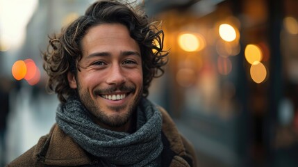 portrait of handsome latino man with long curly hair in warm classy coat with grey scarf in the street