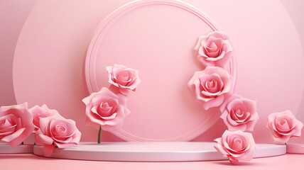 3d rendered abstract empty display pink podium with flowers Minimal scene for product display presentation