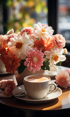 Fototapeta na wymiar cup of coffee and flowers