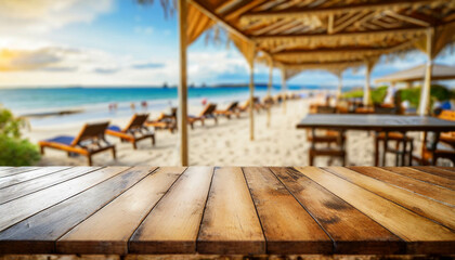 Empty wooden table with blurry beach restaurant background . ai generated - obrazy, fototapety, plakaty