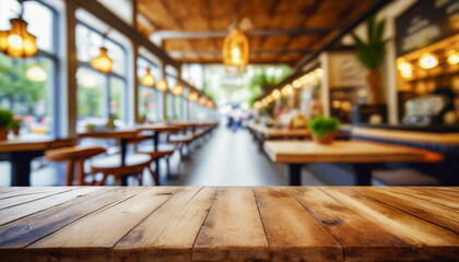 Empty wooden table with restaurant background . ai generated