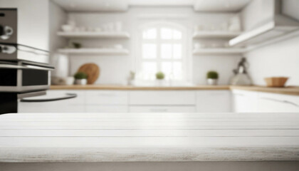 tabletop with white kitchen background. empty table in home kitchen. ai generated