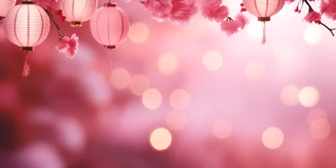 Fotobehang pink flowers and background, A pink background with a chinese landscape and a pink background, generative AI  © imran