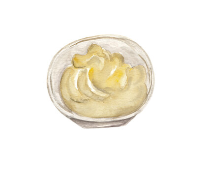 Mayonnaise watercolor illustration Cream in jar Food sketch