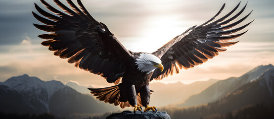 Bald eagle in flight at sunrise - obrazy, fototapety, plakaty