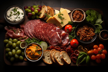 Rustic Appetizer Board: Assortment of Cheeses and Salami - obrazy, fototapety, plakaty