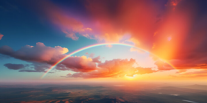 A rainbow is seen in the sky above a cloud, A rainbow in the sky over a beach, Beautiful vibrant double rainbow Cloudscape Background awesome blue sky with pretty clouds, generative AI


