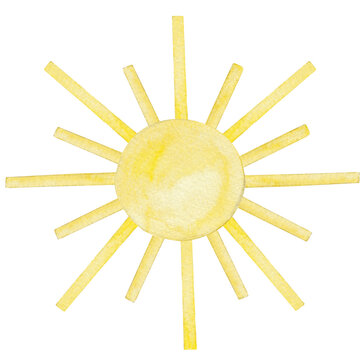 Yellow sun on transparent background Watercolor illustration