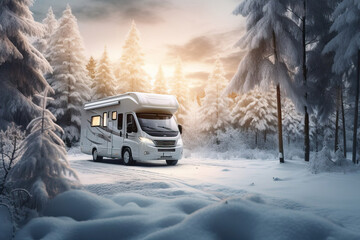 motorhome or big family van in a road trip, winter forest natural background