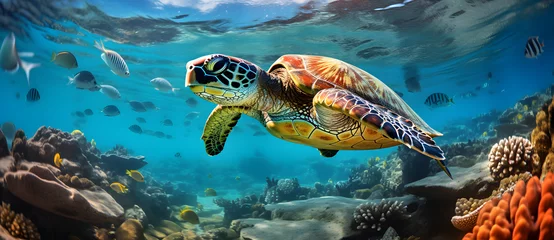 Fotobehang A sea turtle swimming gracefully among coral reefs in clear blue ocean waters © 文广 张