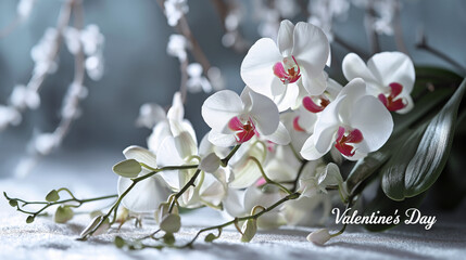 Tender White Orchids on a Light Grey and White Background, 'Valentine's Day' Inscription, Perfect for Banner, Background, or Greeting Card