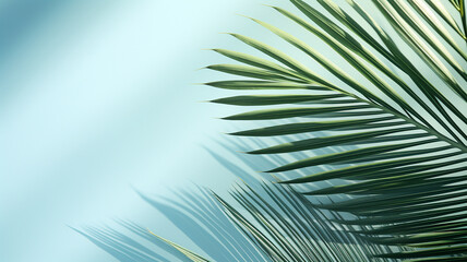Obraz premium top view of palm leaves on blue background copy space, Tropical palm leaves from above - flat lay