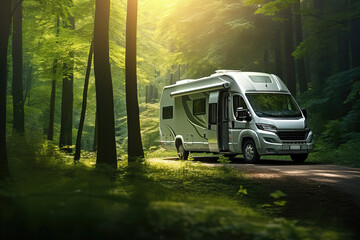 motorhome or big family van in a road trip, summer forest natural background - obrazy, fototapety, plakaty