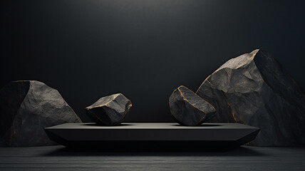 3d rendered black empty Luxury natural stone podium for showing packaging and product on black background, copy space