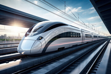 Fototapeta premium Blazing Trails, Modern Metropolis Buzzing with Futuristic High-Speed Trains.