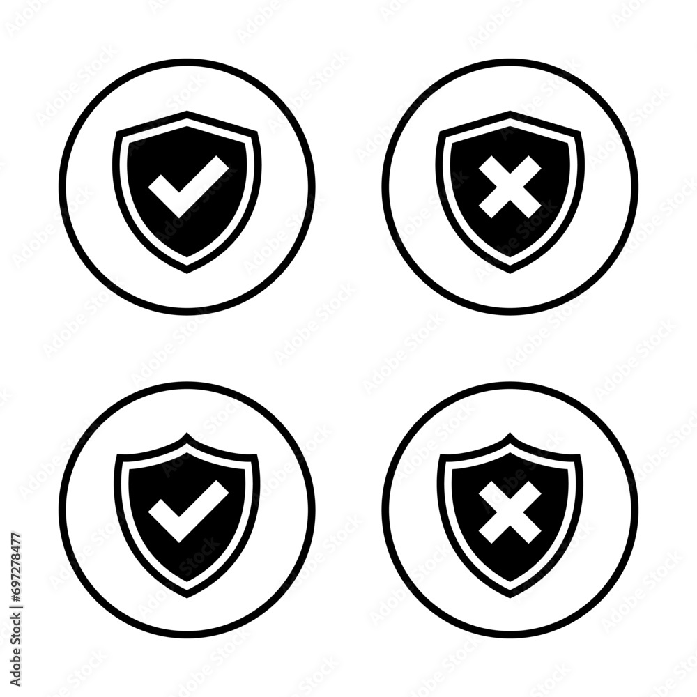 Aufkleber check and cross mark shield icon on circle line. checkmark and x symbol vector