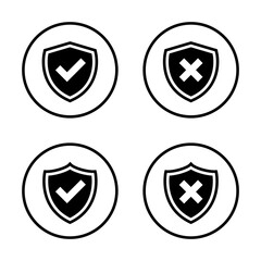 Check and cross mark shield icon on circle line. Checkmark and x symbol vector