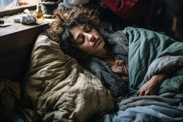 Fototapeta premium Generative AI picture of desperate homeless person man woman child poor helpless in the street