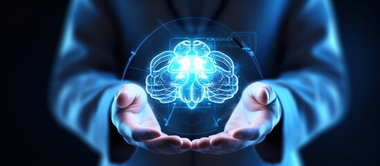 technology concept of doctor holding Brain shaped line icon representing virtual artificial intelligence via