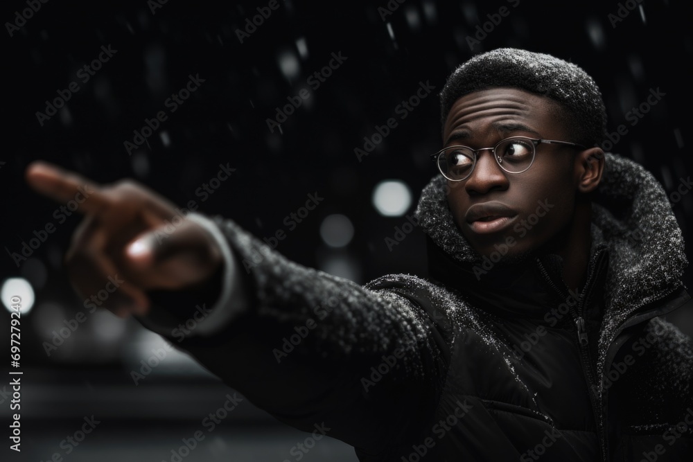 Poster a man wearing a black jacket pointing at something. suitable for illustrating directions, instructio