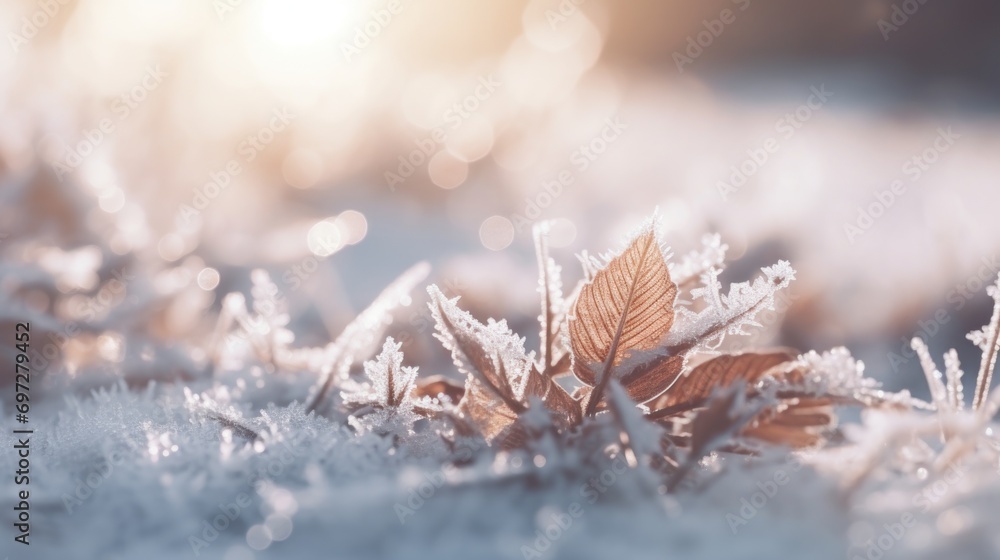 Poster a detailed view of a single leaf covered in snow. this image can be used to depict the beauty of win