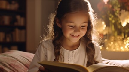 A little girl engrossed in reading a book on a cozy bed. Perfect for illustrating the joy of reading or promoting children's literature.